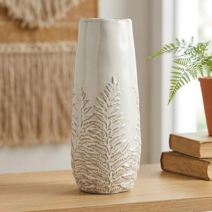 ceramic vase textured leaves white large 13''x4'' china