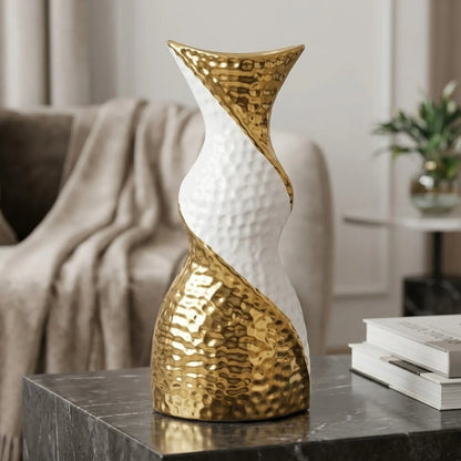ceramic vase twisted white & golden small 11"x5" china