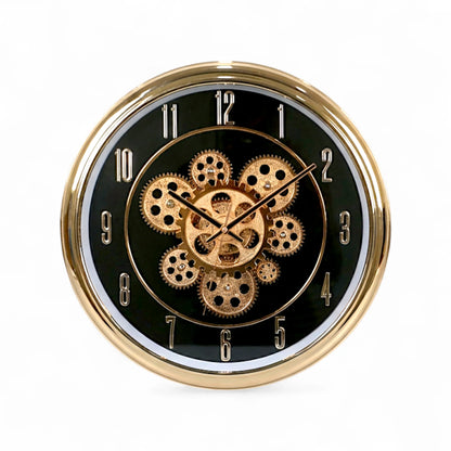 wall clock moving gear black & golden china 15"x15"